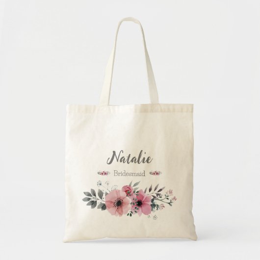 Tote Bag Fleurs de printemps Bridesmaid rose et gris modern (Devant)
