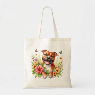 Tote Bag Fleurs de printemps Red Staffordshire Bull Terrier