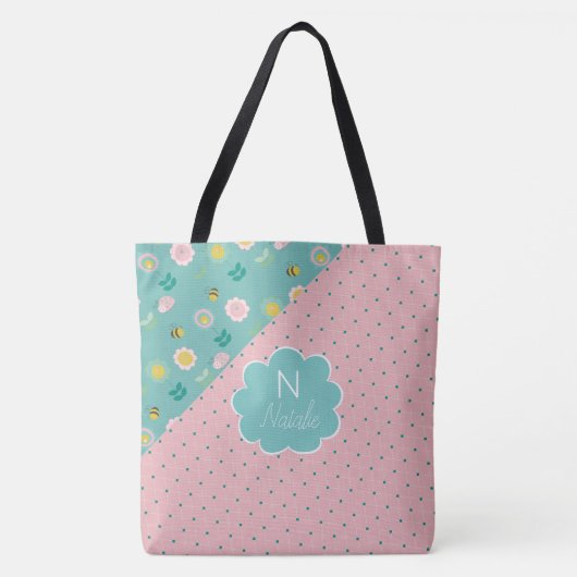 Tote Bag Fleurs de printemps rose tendance Nom initial Mono (Devant)