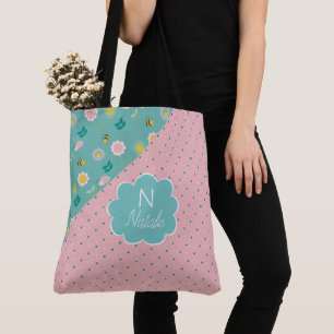 Tote Bag Fleurs de printemps rose tendance Nom initial Mono