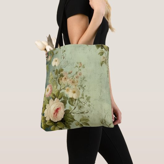 Tote Bag Fleurs de rose de verdure vintage (De près)