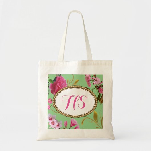 Tote Bag Fleurs de rose des textes de monogramme ou de (Devant)