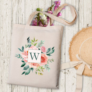 Tote Bag Fleurs de rose et pivoine rose à l'aquarelle avec