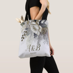 Tote Bag Fleurs de roses blanches dorées argentées à l'aqua