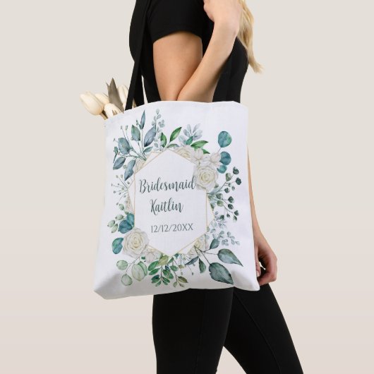 Tote Bag Fleurs de rosier blanc de Monogram Greenery Eucaly (De près)