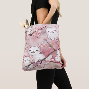 Tote Bag Fleurs de Sakura rose doux Motif de chats mignons
