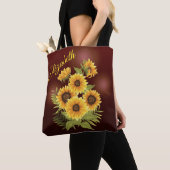 Tote Bag Fleurs de soleil Jaunes Canvas Brown rustique Vint (De près)