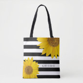 Tote Bag Fleurs de soleil sur bandes noires et blanches Per (Devant)