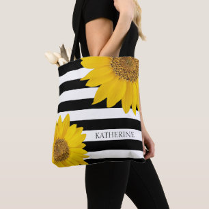 Tote Bag Fleurs de soleil sur bandes noires et blanches Per