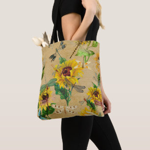 Tote Bag Fleurs de soleil vintages et libellules