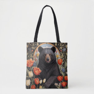 Tote Bag Fleurs de tulipes colorées à l'ours noir
