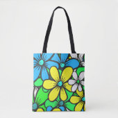 Tote Bag Fleurs d'été assez brillantes Bleu Jaune et Vert (Devant)