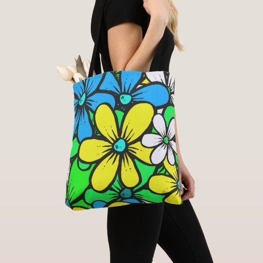 Tote Bag Fleurs d'été assez brillantes Bleu Jaune et Vert (De près)
