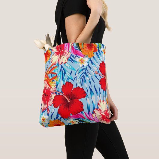 Tote Bag fleurs d'hibiscus bleu tropical (De près)
