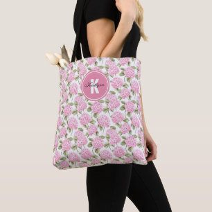 Tote Bag Fleurs d'hydrangea roses élégantes à monogramme