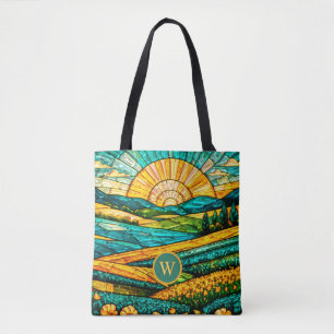 Tote Bag Fleurs dorées Campagne verte Faux vitrail 