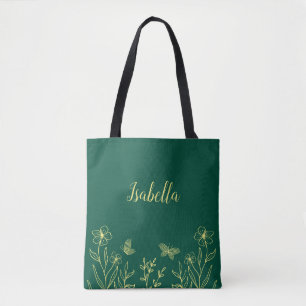 Tote Bag Fleurs dorées romantiques élégantes vert émeraude