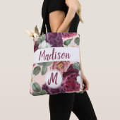 Tote Bag Fleurs Élégantes de Bourgogne Monogramme Initial T (De près)