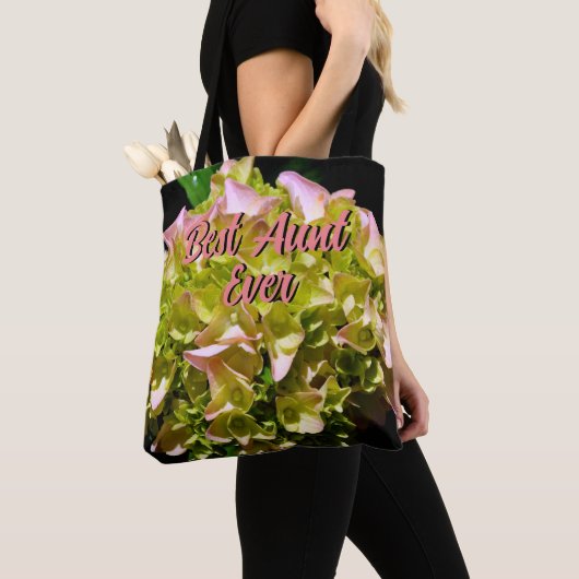 Tote Bag Fleurs élégantes d'hortensia vert jaune rose (De près)