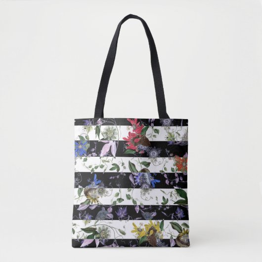 Tote Bag Fleurs élégantes sur bandes noires et blanches (Devant)