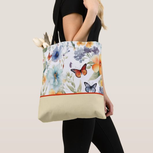 Tote Bag Fleurs et papillons aquarelles, Bloc de couleur (De près)
