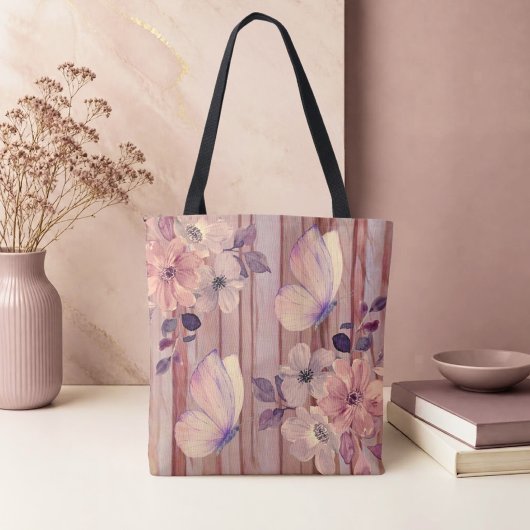 Tote Bag Fleurs et papillons en bois rustique