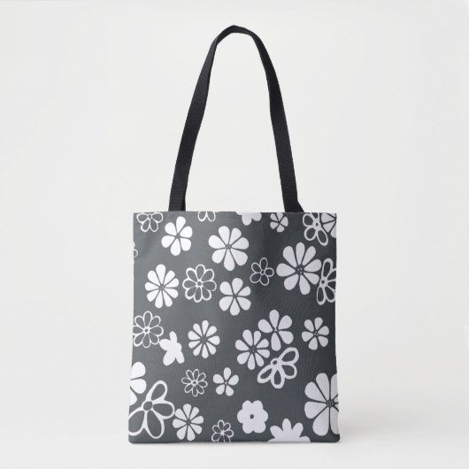 Tote Bag Fleurs et papillons Gris et blanc (Devant)