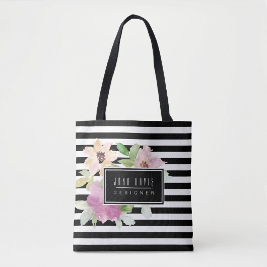 Tote Bag Fleurs et rayures d'aquarelle (Devant)