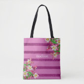 Tote Bag Fleurs et rayures roses Personnalisées (Devant)