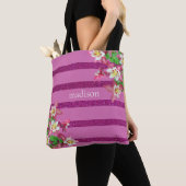 Tote Bag Fleurs et rayures roses Personnalisées (De près)
