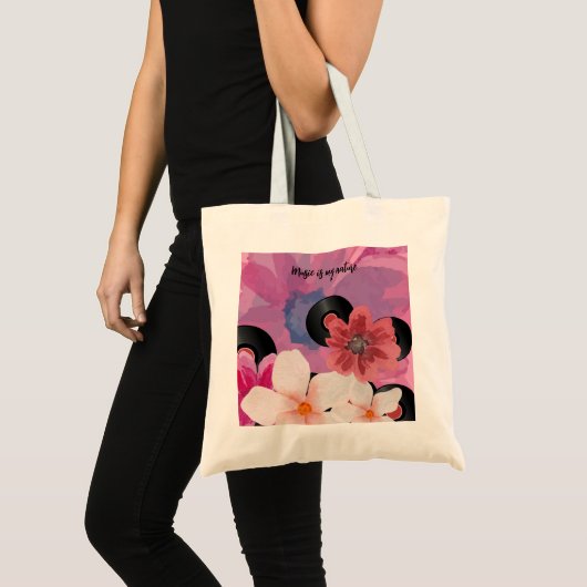 Tote Bag Fleurs et vinyle (Devant (produit))