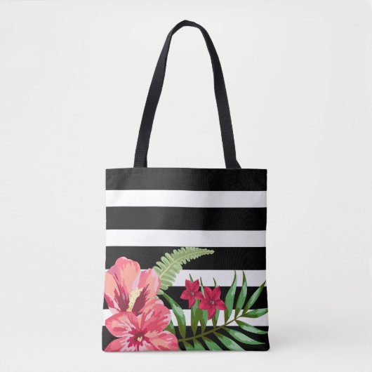 Tote Bag Fleurs Exotiques Et Blancs Noirs (Devant)
