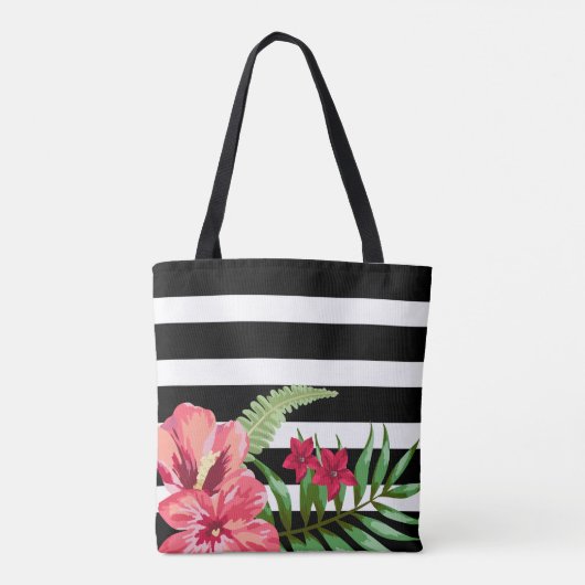 Tote Bag Fleurs Exotiques Et Blancs Noirs (Dos)
