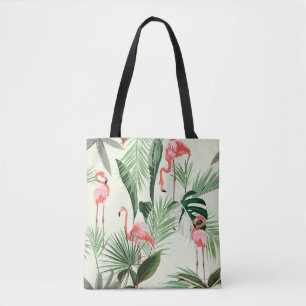 Tote Bag Fleurs exotiques et flamands roses, feuilles de pa