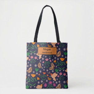 Tote Bag Fleurs fantaisistes oiseaux et papillons monogramm