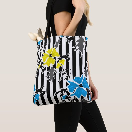 Tote Bag Fleurs florales bleues jaunes gris feuille st (De près)