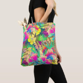 Tote Bag Fleurs hawaïennes tropicales feuilles fleuries col (De près)