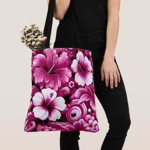Tote Bag Fleurs hawaïennes tropicales Hibiscus rose blanc