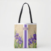 Tote Bag Fleurs Iris Violet Monogramme Faux Burlap Jute (Devant)