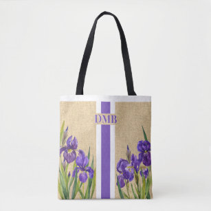 Tote Bag Fleurs Iris Violet Monogramme Faux Burlap Jute
