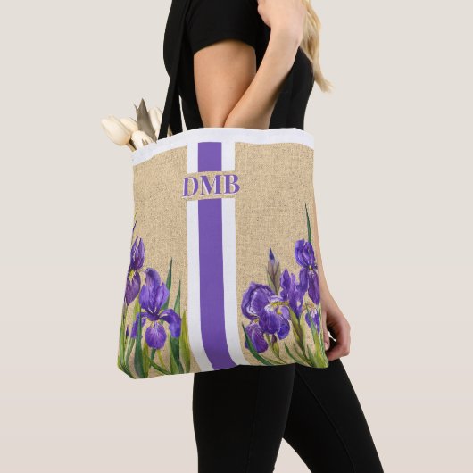 Tote Bag Fleurs Iris Violet Monogramme Faux Burlap Jute (De près)