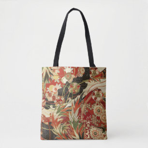Tote Bag FLEURS JAPONAISES ANCIENNES Rouge Vert Noir Floral