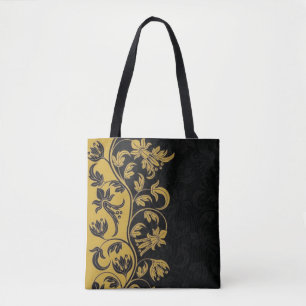 Tote Bag fleurs jaune or noir feuille
