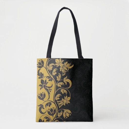 Tote Bag fleurs jaune or noir feuille (Devant)