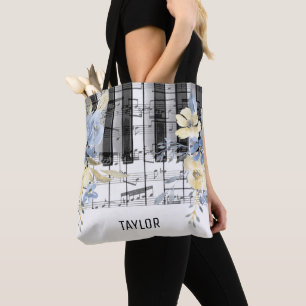 Tote Bag fleurs jaunes bleues notes de musique piano