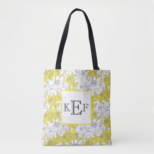 Tote Bag Fleurs jaunes et grises sur fond blanc avec monogr (Devant)