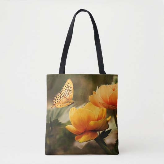 Tote Bag Fleurs Jaunes Profondes et Lumineuses avec Papillo (Devant)