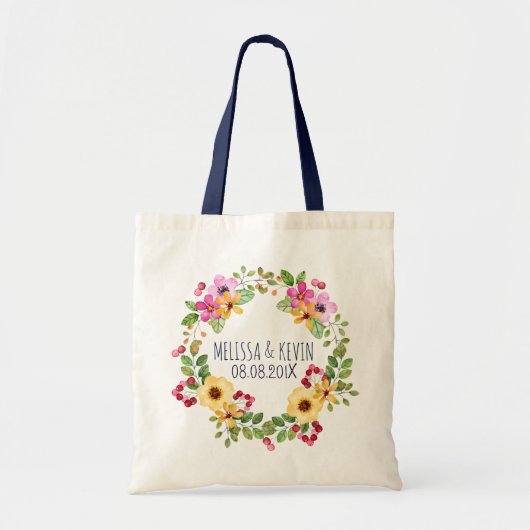 Tote Bag Fleurs jaunes roses et baies rouges (Devant)