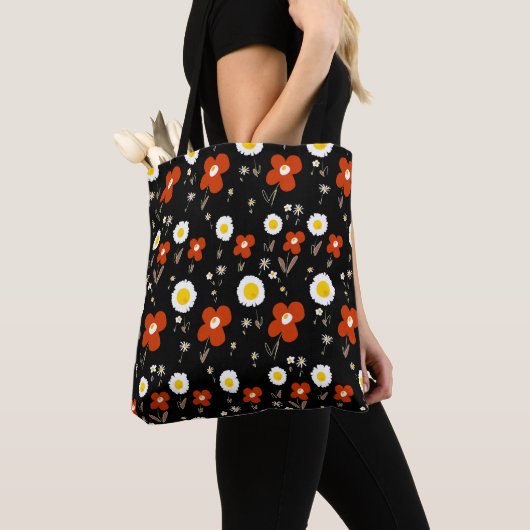Tote Bag Fleurs marguerites Rouge Blanc Jaune Noir (De près)