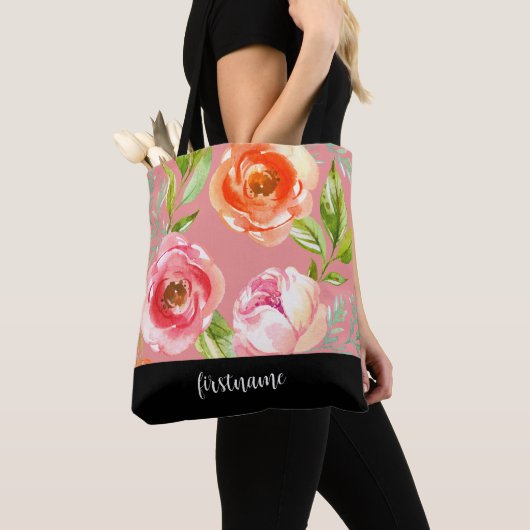 Tote Bag Fleurs modernes avec Monogramme Feminine Script (De près)